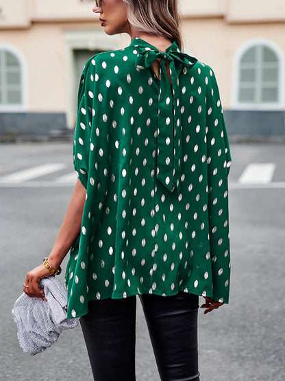 Loose Bandage Polka Dot Round-neck Blouses&shirts Tops