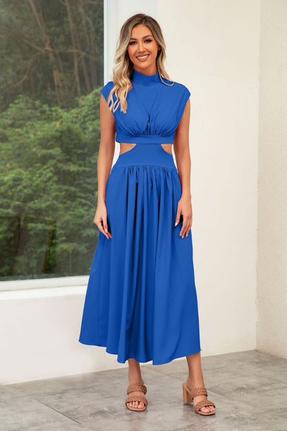 Self Made Real Shot Summer Sweet Stand Collar Macaron Color Cropped Outfit Maxi Dress
