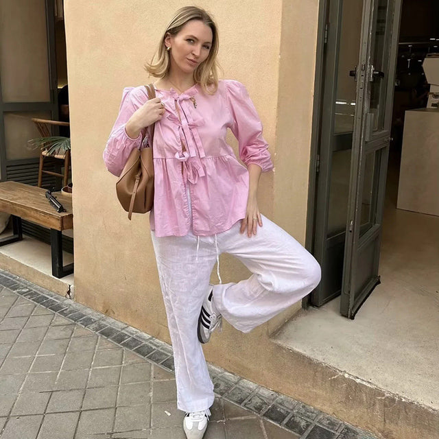Taruxy Bow Bandage Hollow Shirt for Color Patchwork Long Sleeve Loose Summer Female Club Y2k Top
