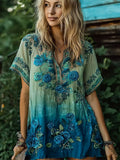 Blue Sequins Floral Boho Art Women's V-neck Short Sleeve Long Shirt elevenforest