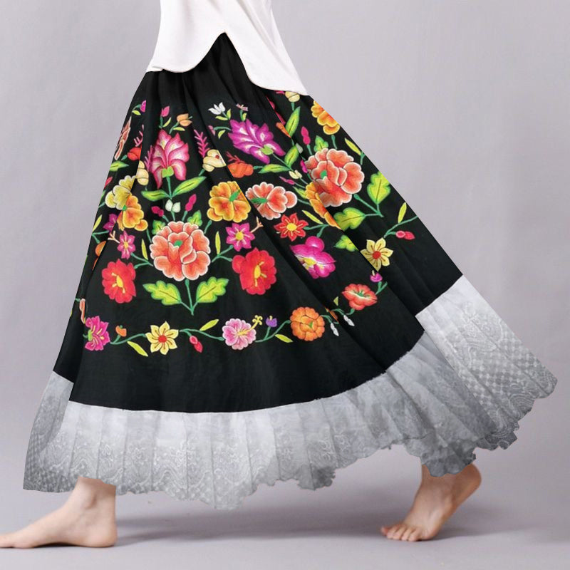 Vintage Cinco De Mayo Floral Embroidered Patchwork Lace Pattern Flowy Wide Skirt elevenforest