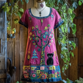 Retro Pop Black Cat And Floral Applique Art Dress elevenforest