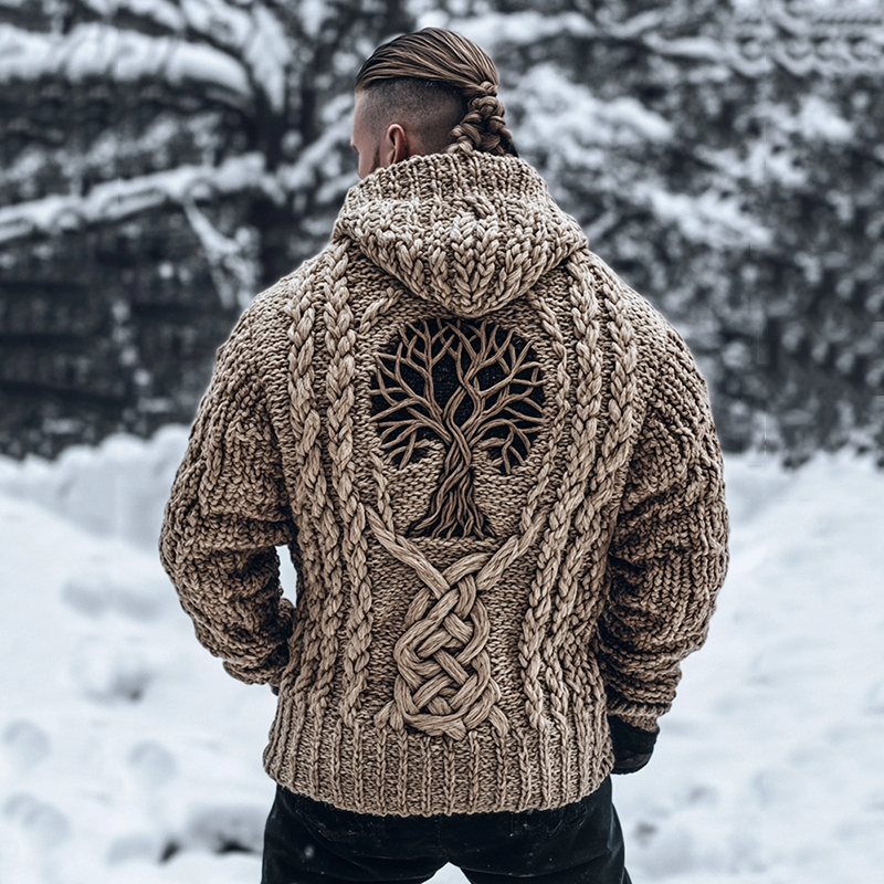 Men's Viking Tribal Tree Of Life Celtic Chunky Knit Hooded Sweater elevenforest