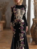 Halloween Theme Lady Round Neck Fitted Velvet Long Dress elevenforest