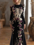 Halloween Theme Lady Round Neck Fitted Velvet Long Dress elevenforest