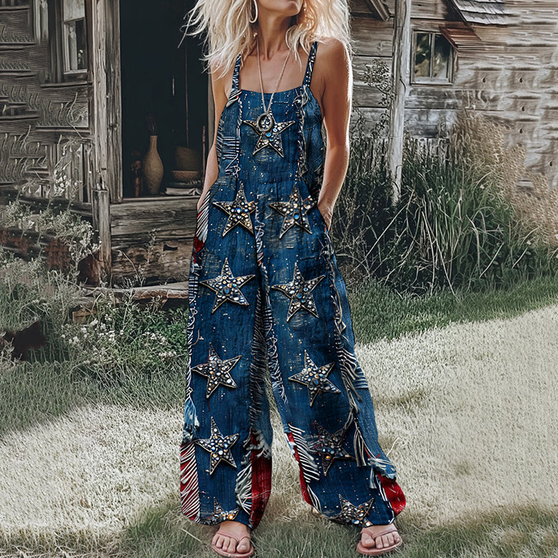 Women's Retro Independence Day Star Print Jumpsuit elevenforest