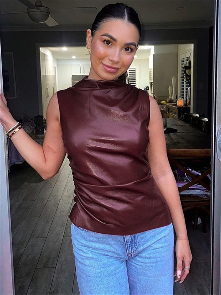 Tossy Pu Leather Tank Top – Sleeveless Slim High Waist Crop Top