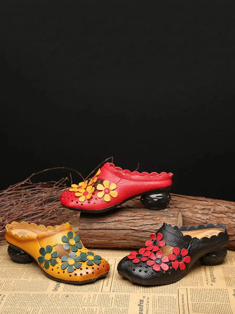 Leather Flower Spliced Slippers