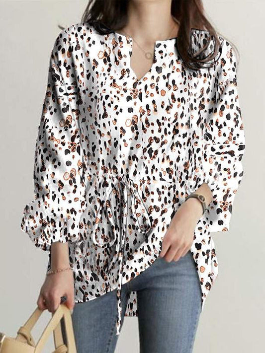 Long Sleeves Loose Drawstring Elasticity Leopard Tied V-neck Blouses&shirts Tops