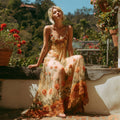 Fall Boho Floral Embroidery Women's V-neck Flowing Spaghetti Strap Maxi Dress