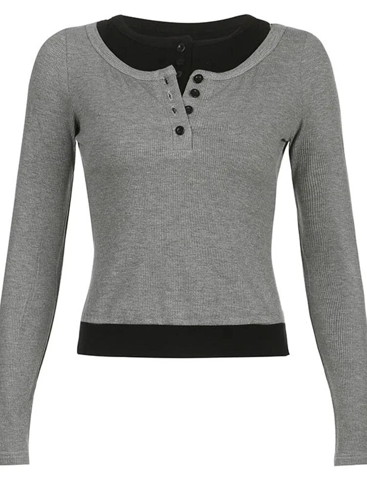 Long Sleeve Knit Tops Contrast Color Pullover Cold Shoulder Shirt for Club