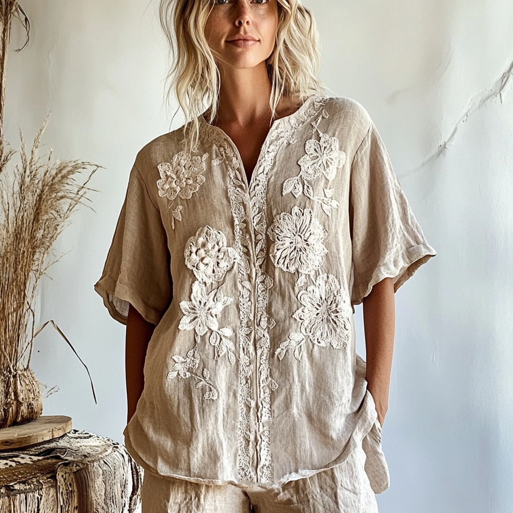 Women's Vintage Bohemian Floral Pattern Cotton And Linen V-neck Shirt elevenforest