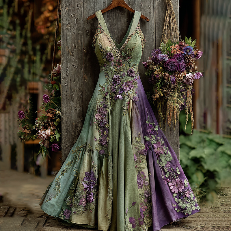 Classy Gradient Purple Lavender And Floral Embroidered Linen V Neck Maxi Dress elevenforest