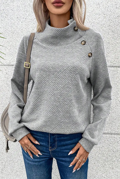 Gray Asymmetric Ribbed High Neck Textured Sweatshirt