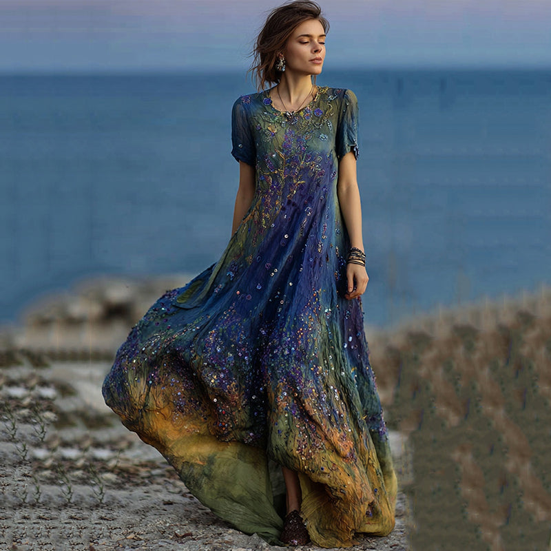 Women's Lavender Embroidered Sequin Gradient Flowing Linen Maxi Dress elevenforest