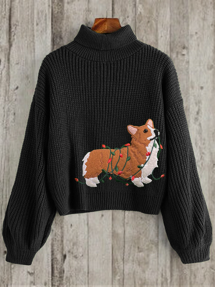 Comstylish Funny Christmas Corgi Dog Embroidered Cozy Turtleneck Sweater