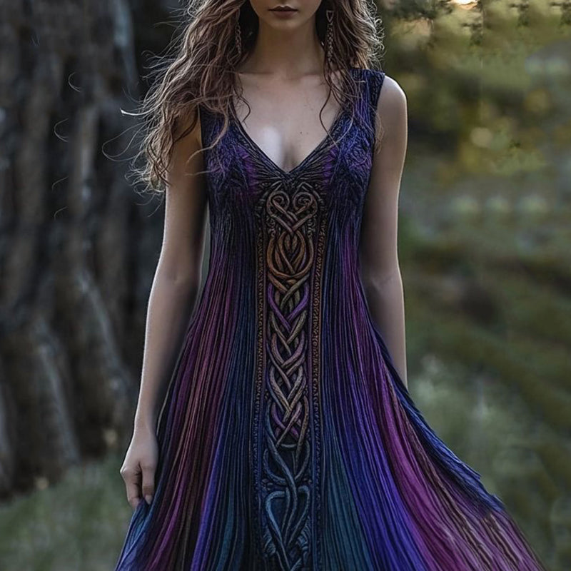 Vintage Viking Pattern Gradient Casual V Neck Tank Dress elevenforest