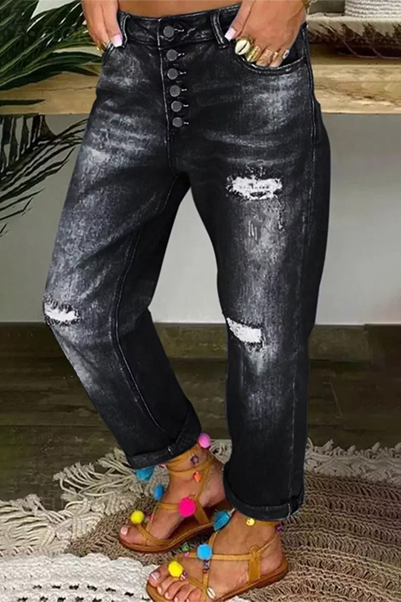 Street Ripped Buckle Low Waist Loose Denim Jeans(4 Colors)