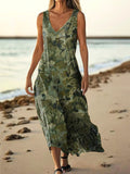 Women's Ethnic Flower Art Print V Neck Sleeveless Pocket Cotton Dress