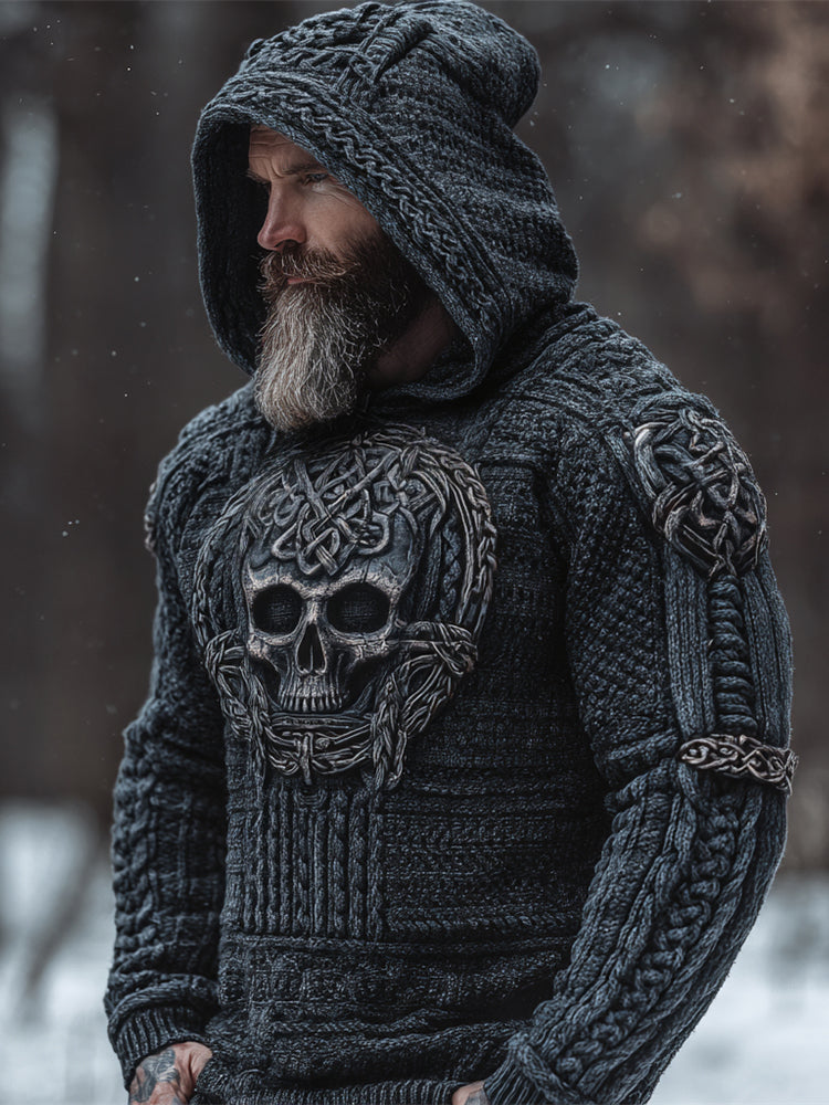 Viking Skull Men's Chunky Knit Hooded Sweater elevenforest