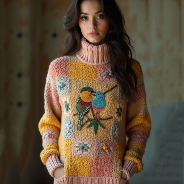 Comstylish Women's Classic Bird And Flower Colorblock Turtleneck Sweater