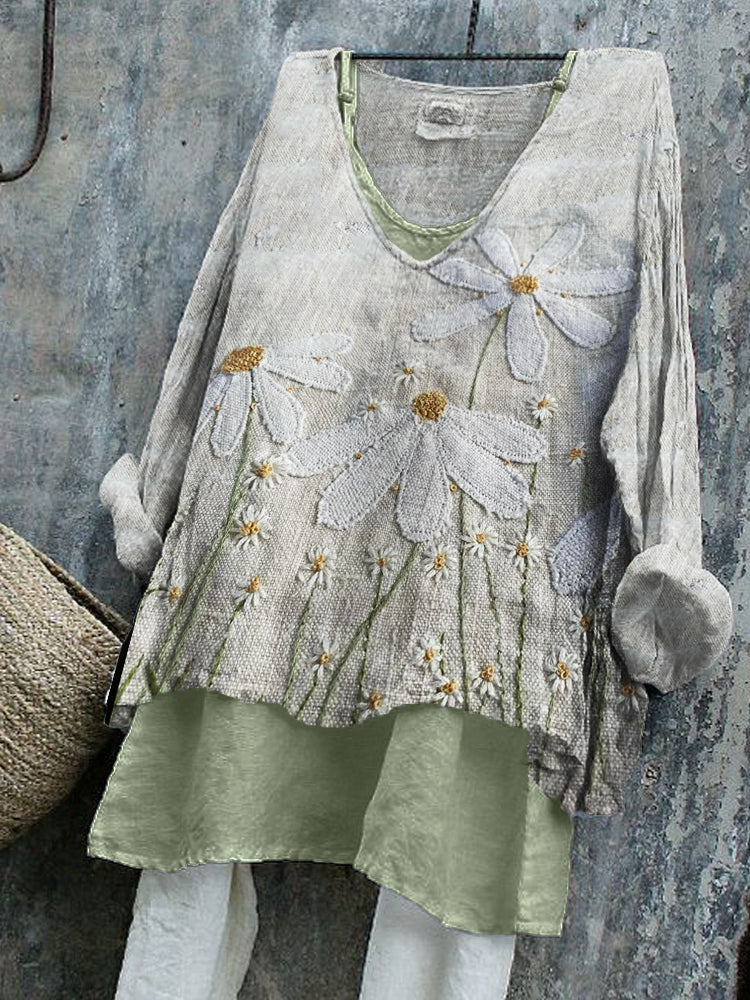 Cottage Daisies Floral Fiber Art Linen Tunic elevenforest