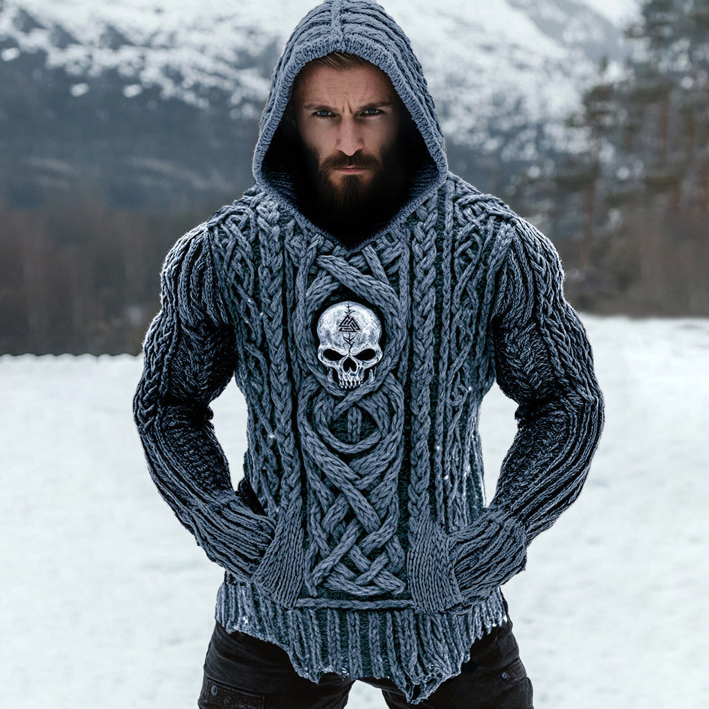 Men's Viking Tribal Skull Rune Celtic Inspired Knit Hooded Sweater elevenforest