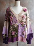 Boho Knit Floral Patchwork Art Women's V-neck Sweater elevenforest