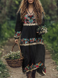 Boho Floral Embroidered Lace Tiered Linen Blend Maxi Dress elevenforest