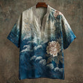 Vintage Japanese Peony Floral Ocean Art Men's Linen Short Sleeve Shirt elevenforest