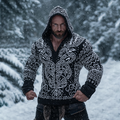 Men's Viking Tribal Wolf Jacquard Celtic Inspired Chunky Knit Hooded Sweater elevenforest