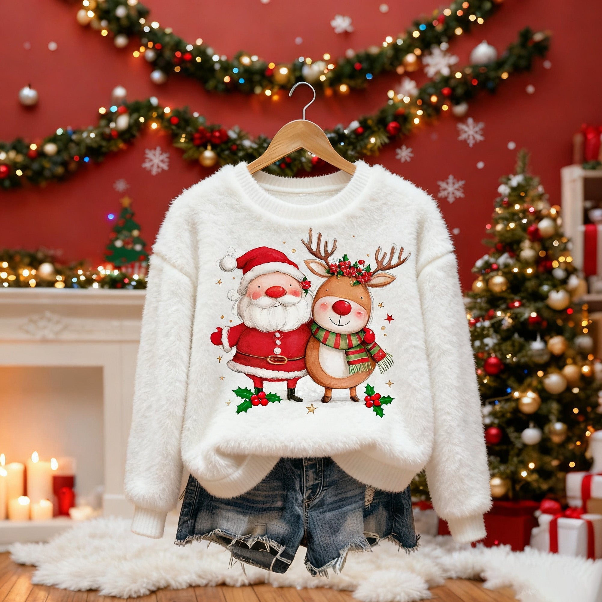 Comstylish Women's Santa Claus Christmas Elk Cozy Christmas Plush Sweater