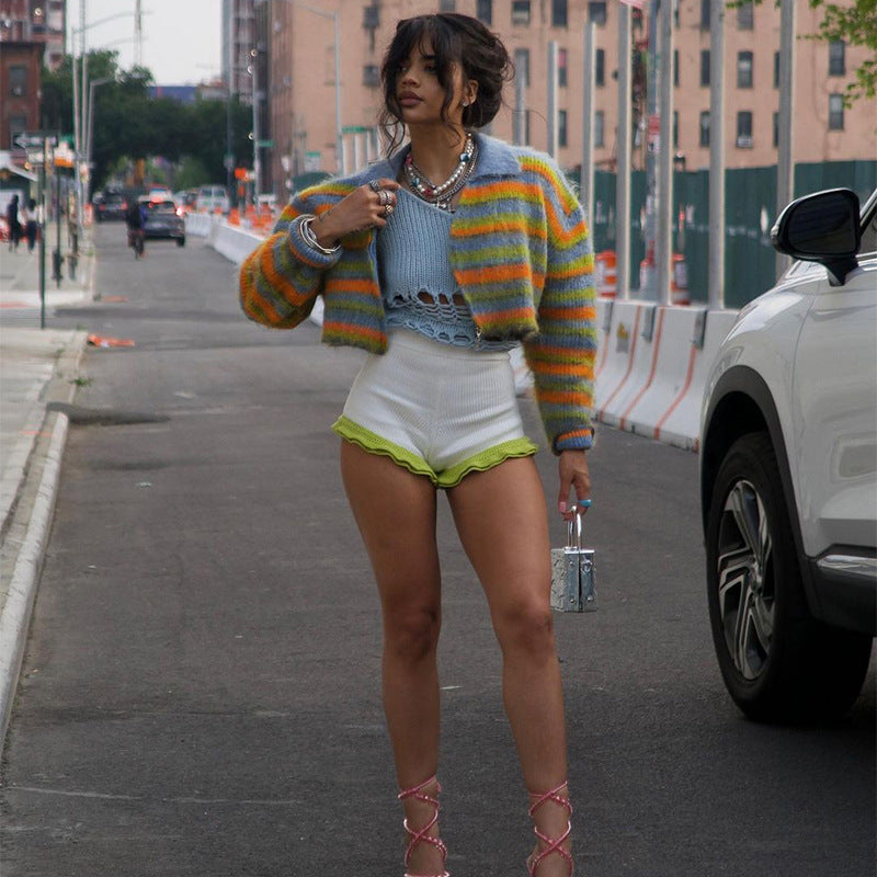 Summer Clothing Contrast Color Collared Slim Fit Knitted Cardigan Coat for