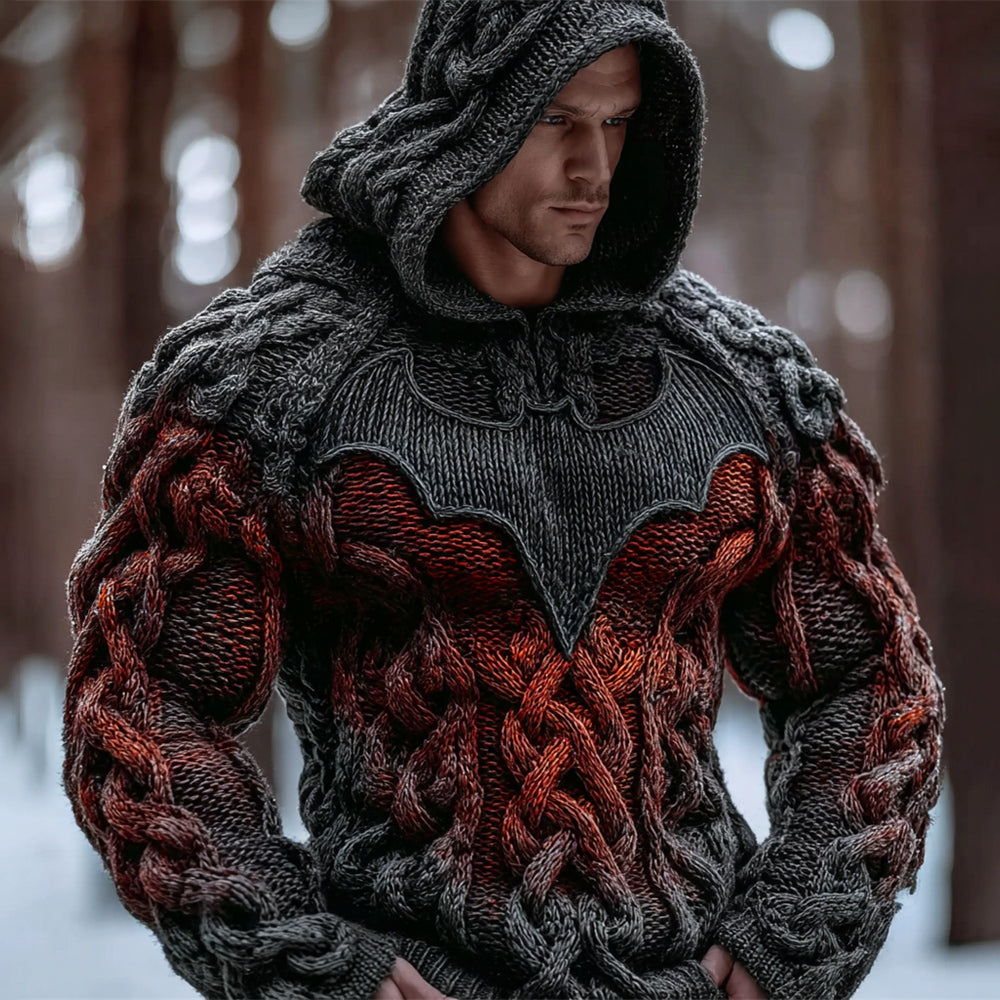 Halloween Flame Bat Men's Chunky Knit Hooded Sweater elevenforest