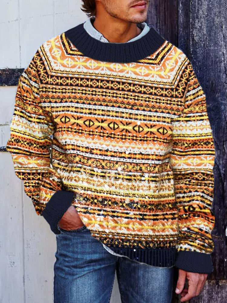 Western Stripe Knit Men's Crew Neck Sweater elevenforest