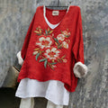 Comstylish Women's Vintage Hibiscus Embroidered Linen Shirt