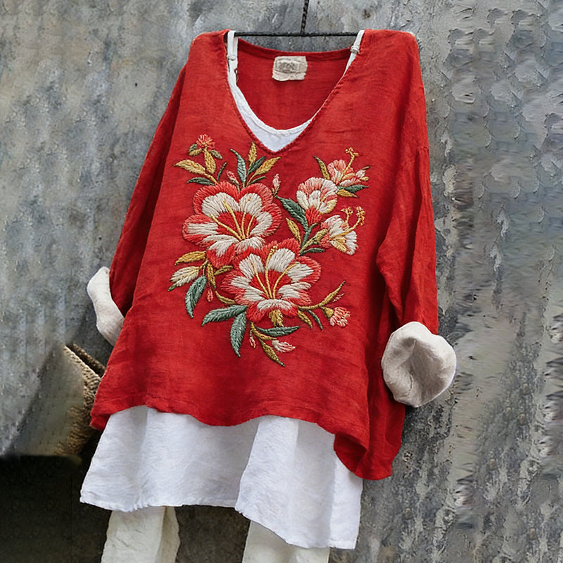 Comstylish Women's Vintage Hibiscus Embroidered Linen Shirt
