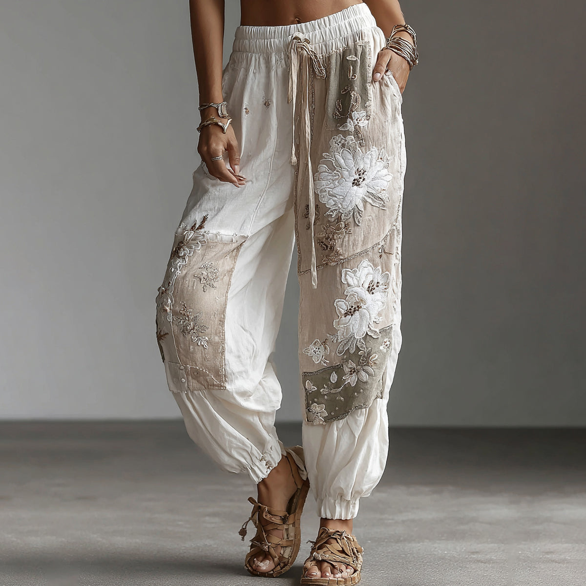 Women's Retro Floral Patchwork Art Casual Pocket Pants elevenforest
