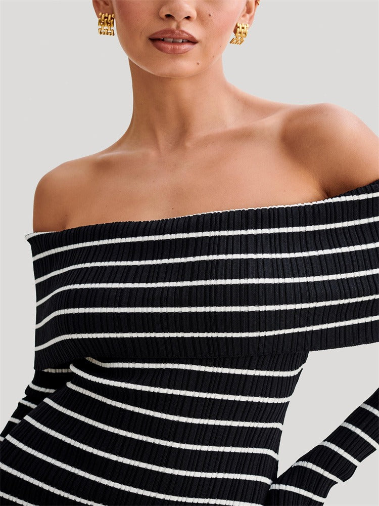 Tossy Striped Knit Sweater Mini Dress for Bandeau Backless Summer Contrast Party Dress Knitwear Mini Dress