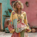 Women's Flower Embroidery Macaroon Color Patchwork Art Crew Neck Loose Sweatshirt elevenforest