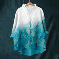 Elegant Abstract Flower Art Linen Ruffle Shirt elevenforest