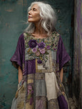Vintage Cottagecore Purple Roses Embroidered Patchwork Linen Dress elevenforest