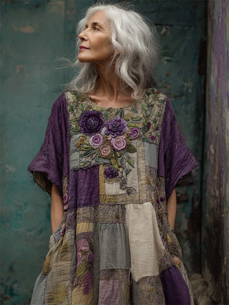 Vintage Cottagecore Purple Roses Embroidered Patchwork Linen Dress elevenforest