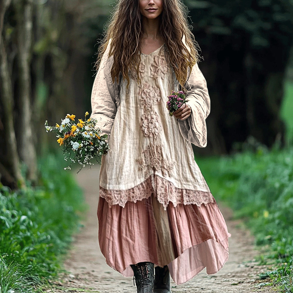 Bohemian Lace Patchwork Flowy Linen Dress elevenforest