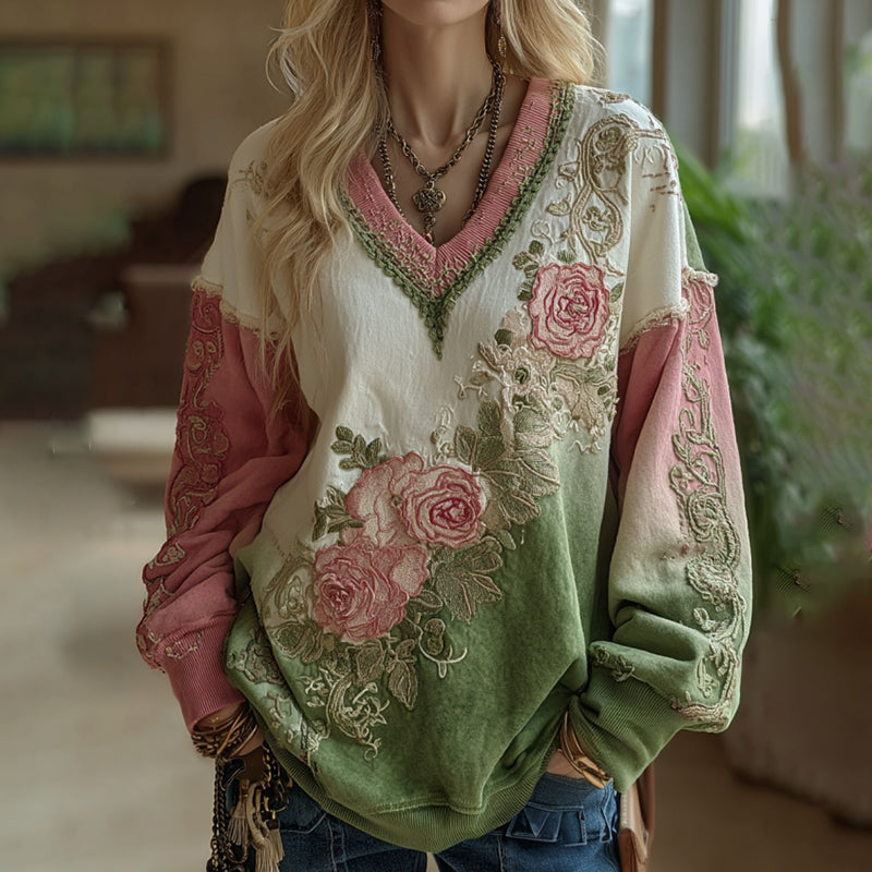 Love & Health Collection Vintage Rose And Floral Art Linen Long Sleeve Sweatshirt elevenforest