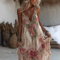 Women's Pink Flower Embroidery Art V-neck Suspender Maxi Dress elevenforest