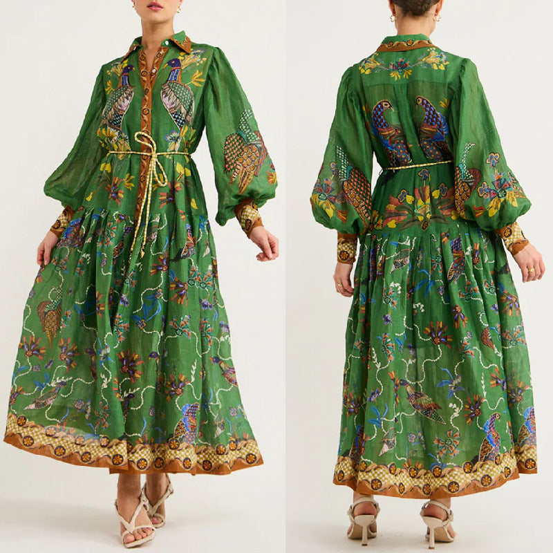 Autumn Printed Cardigan Dress With Wide Hem and Long Sleeves for
