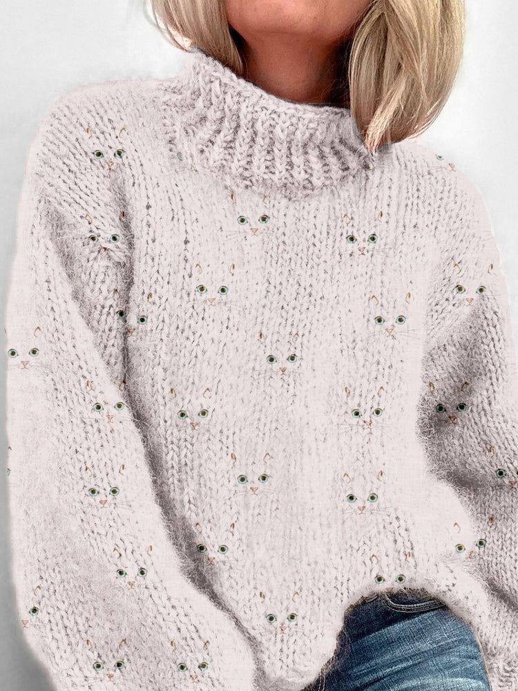 Cute Cat Face Pattern Cozy Turtleneck Sweater elevenforest