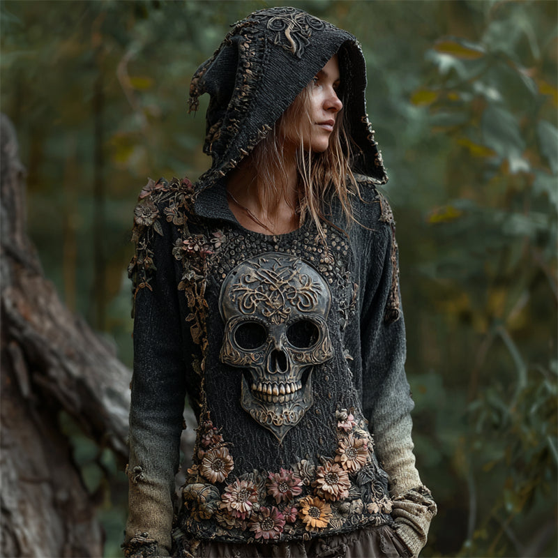 Vintage Skull Floral Fiber Art Comfy Knit Hooded Sweater elevenforest