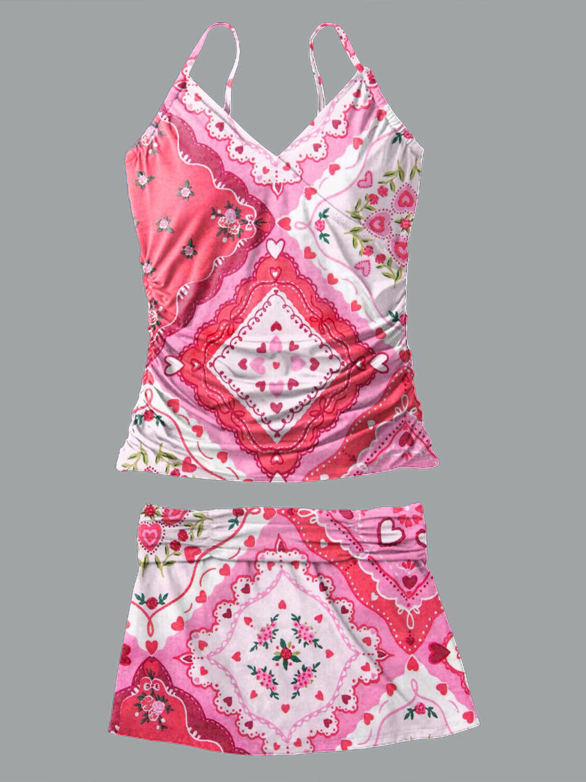V-Neck Vintage Floral Art Print Suspender Skirt Tankini Pantskirt Set Swimsuit